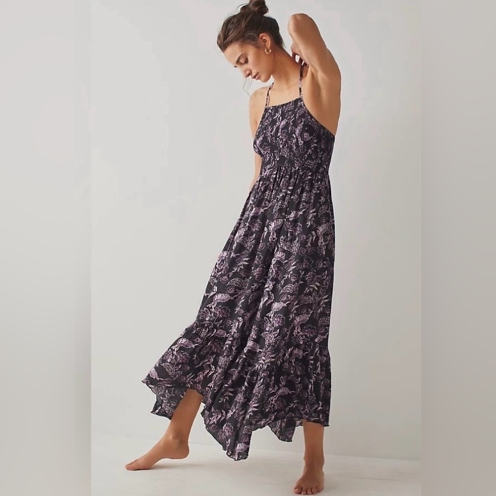 Free People Heat Wave Floral Black and Lavender Maxi Dress size X small